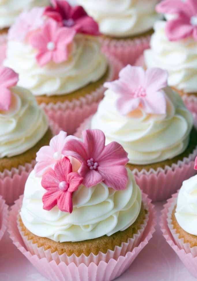 Wedding cupcakes decorated in different shades of pink